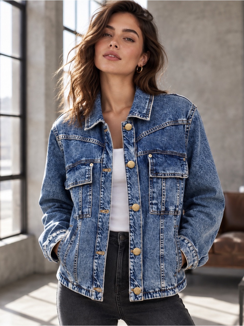 Free People We The Free Jade Denim Jacket High Dive Distressed Size Large